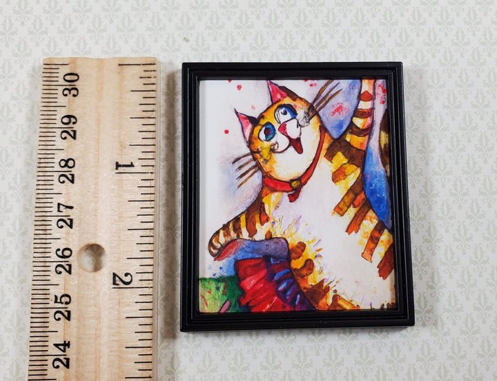 Miniature Dancing Cat Print White Frame Original Art 1:12 Scale Dollhouse Modern Fun - Miniature Crush