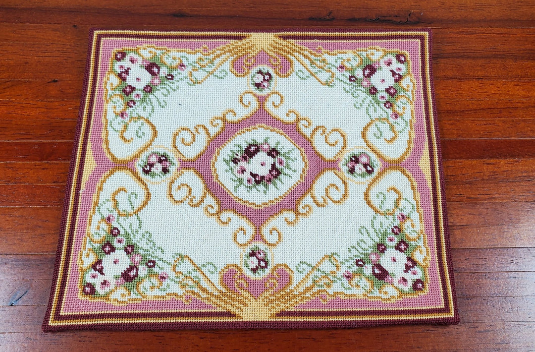 Miniature Fine Needlepoint Rug Pinks Aubusson Style 1:12 Scale Carpet Floral - MiniatureCrush