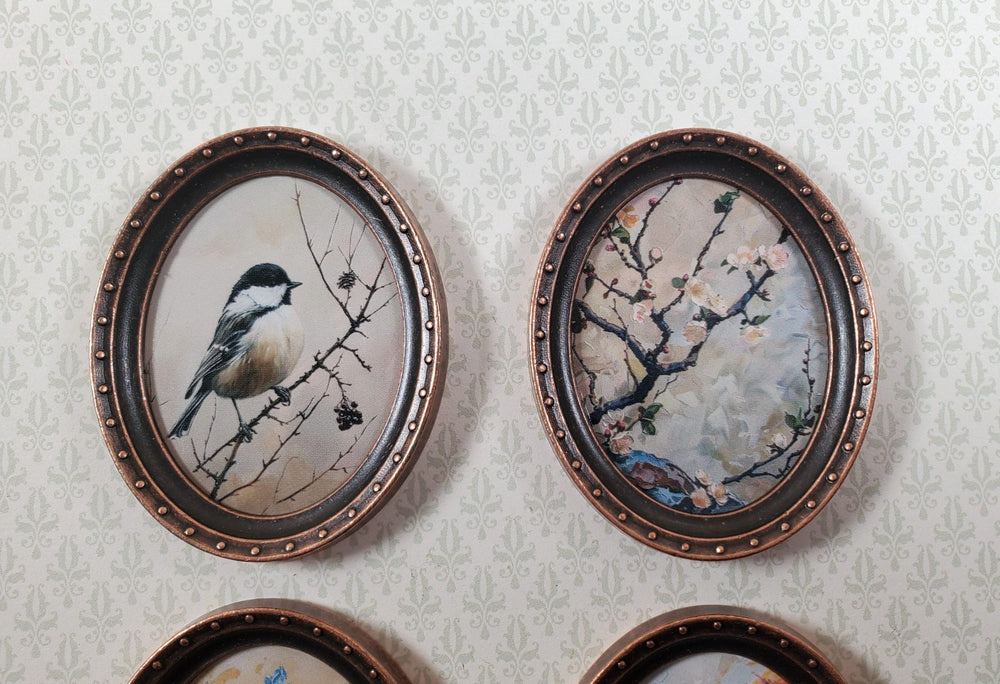 Miniature Framed Prints x4 Chickadee Branches Oval Frames 1:12 Scale Wood Frame - MiniatureCrush