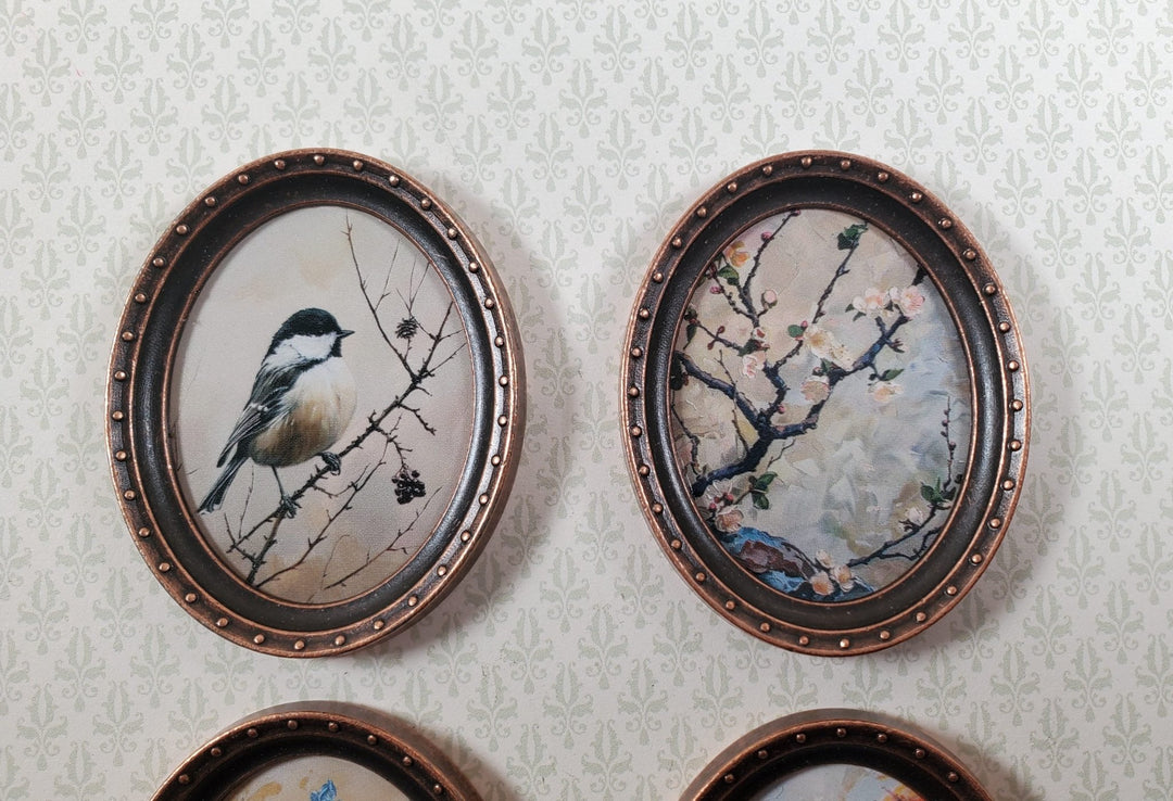 Miniature Framed Prints x4 Chickadee Branches Oval Frames 1:12 Scale Wood Frame - MiniatureCrush