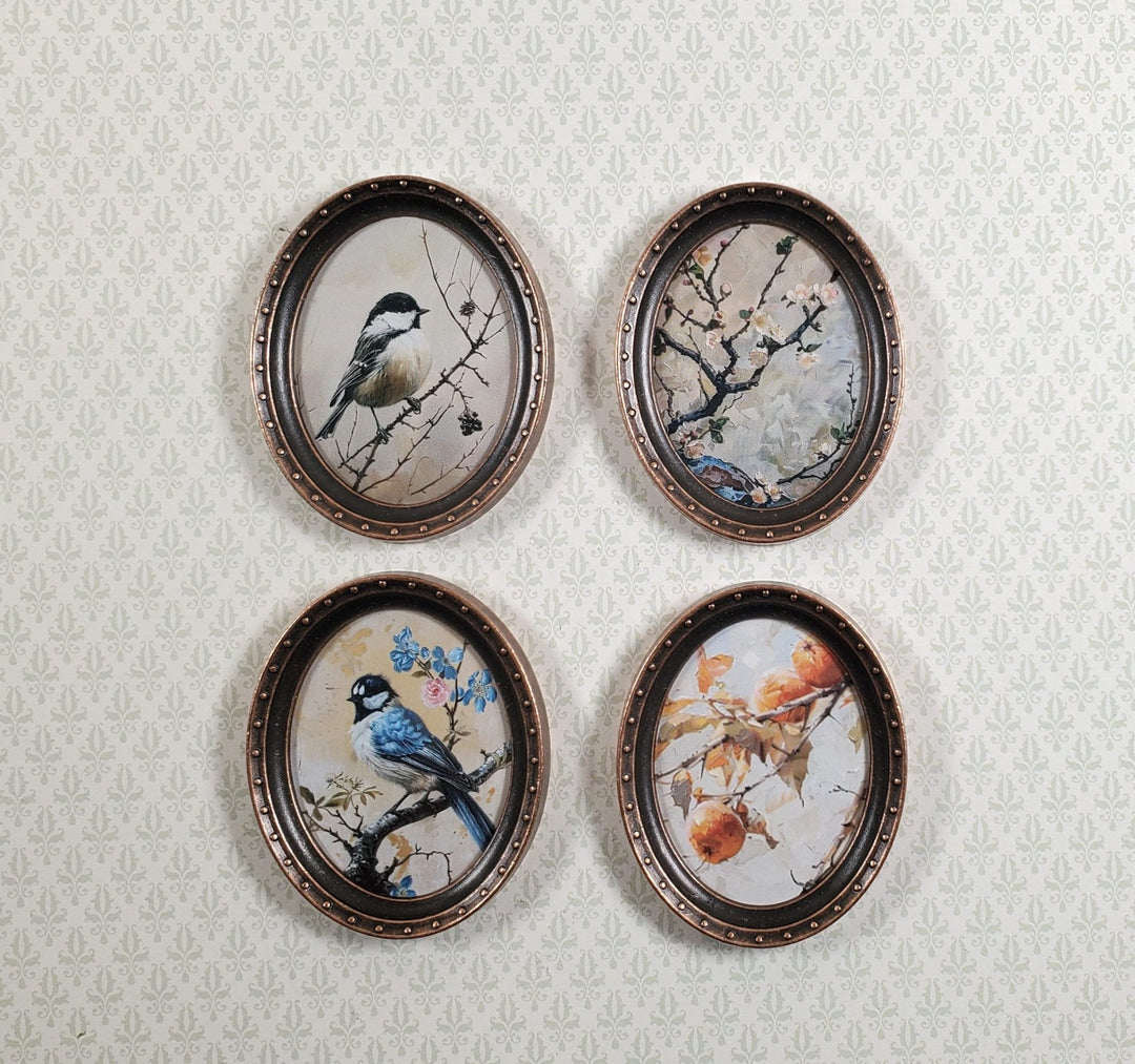 Miniature Framed Prints x4 Chickadee Branches Oval Frames 1:12 Scale Wood Frame - MiniatureCrush