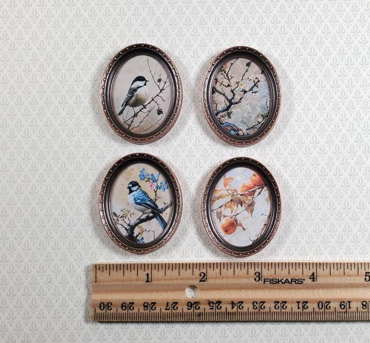 Miniature Framed Prints x4 Chickadee Branches Oval Frames 1:12 Scale Wood Frame - MiniatureCrush