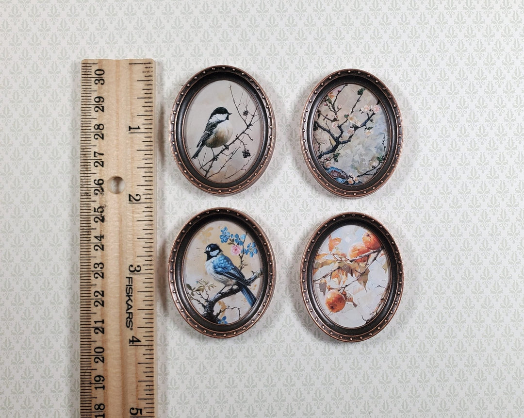 Miniature Framed Prints x4 Chickadee Branches Oval Frames 1:12 Scale Wood Frame - MiniatureCrush