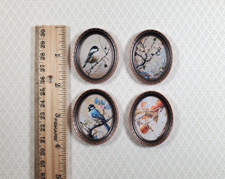 Miniature Framed Prints x4 Chickadee Branches Oval Frames 1:12 Scale Wood Frame - MiniatureCrush