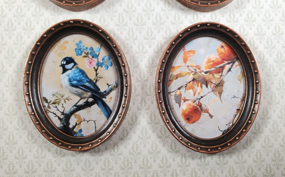 Miniature Framed Prints x4 Chickadee Branches Oval Frames 1:12 Scale Wood Frame - MiniatureCrush