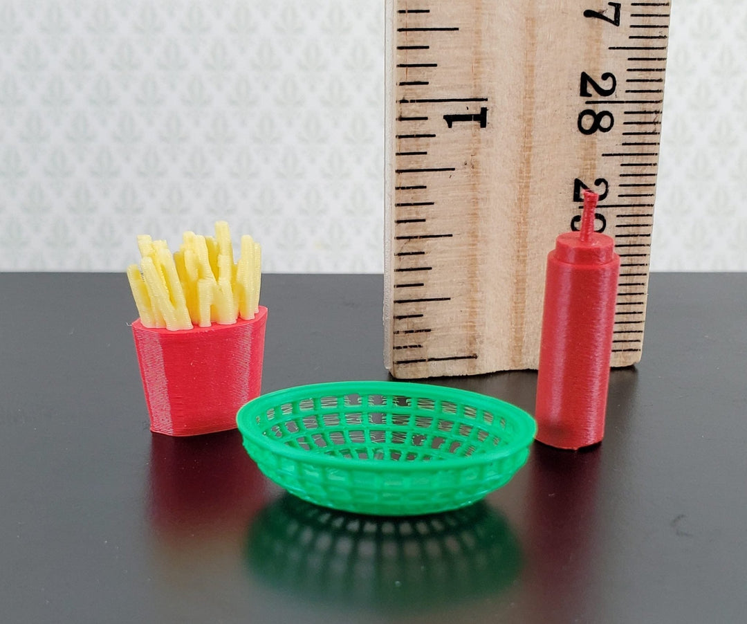 Miniature French Fries Ketchup Bottle & Basket 1:12 Scale Modern Dollhouse Food - Miniature Crush