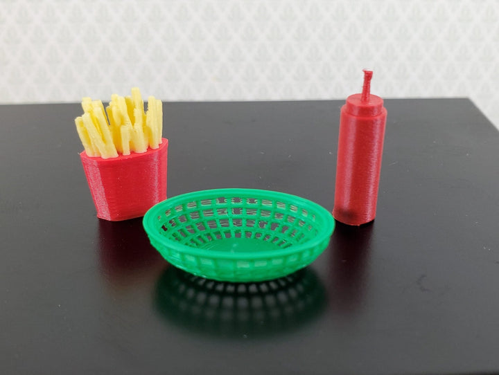 Miniature French Fries Ketchup Bottle & Basket 1:12 Scale Modern Dollhouse Food - Miniature Crush