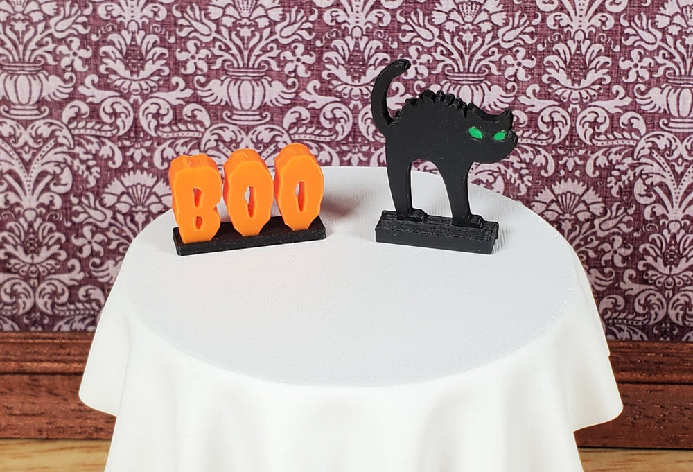 Miniature Halloween Decor Table + Cloth Black Cat Boo Sign 1:12 Scale Dollhouse - Miniature Crush