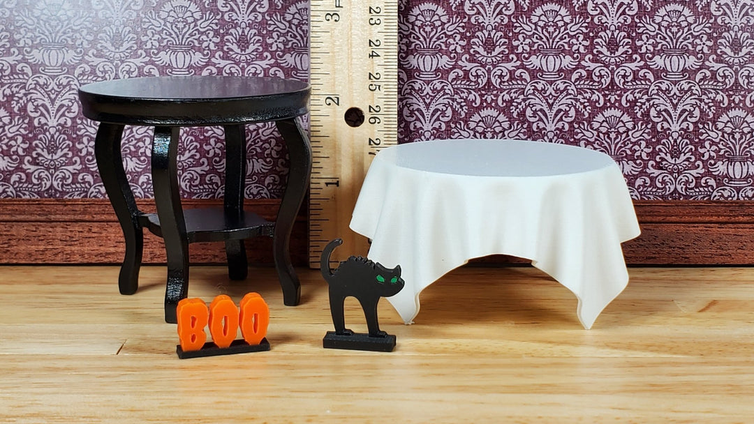 Miniature Halloween Decor Table + Cloth Black Cat Boo Sign 1:12 Scale Dollhouse - Miniature Crush