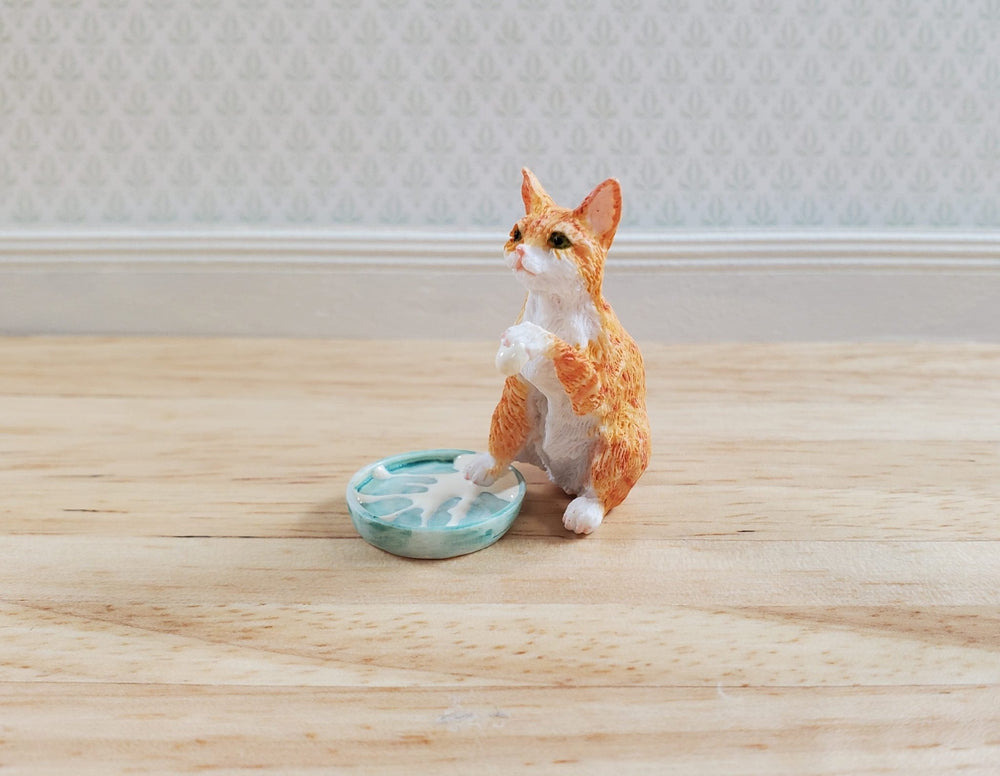 Miniature Kitty Cat Orange Tabby Stepping in Milk Dish 1:12 by Falcon Miniatures - MiniatureCrush