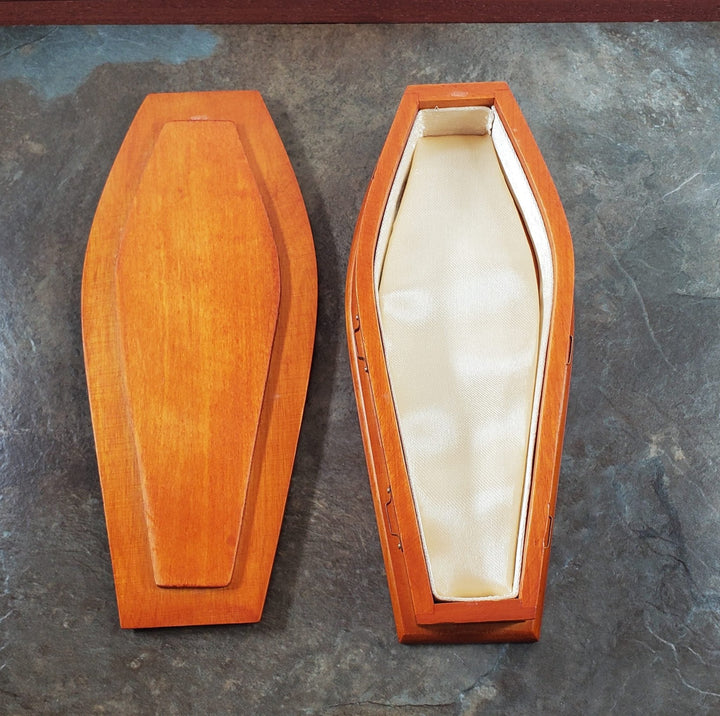 Miniature Lined Coffin Opens Wood Walnut Finish 1:12 Scale 6 3/4" Long - Miniature Crush