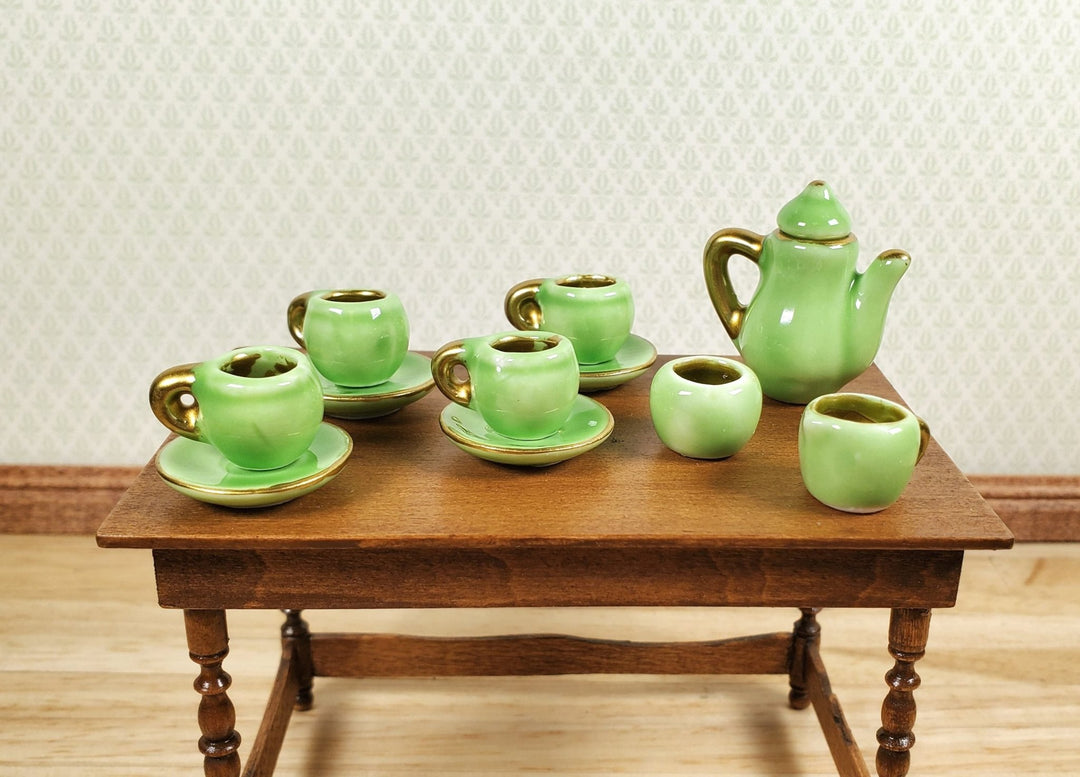 Miniature Retro Tea Set Teapot 4 Cups Saucers Sugar Creamer Green Gold OVERSIZED - MiniatureCrush