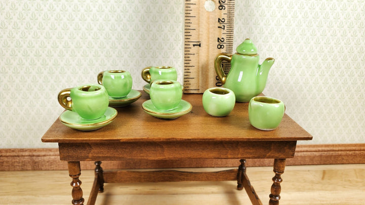 Miniature Retro Tea Set Teapot 4 Cups Saucers Sugar Creamer Green Gold OVERSIZED - MiniatureCrush