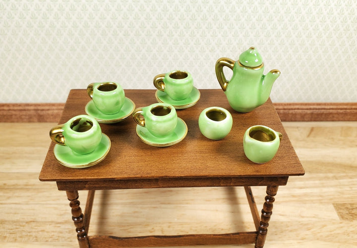 Miniature Retro Tea Set Teapot 4 Cups Saucers Sugar Creamer Green Gold OVERSIZED - MiniatureCrush