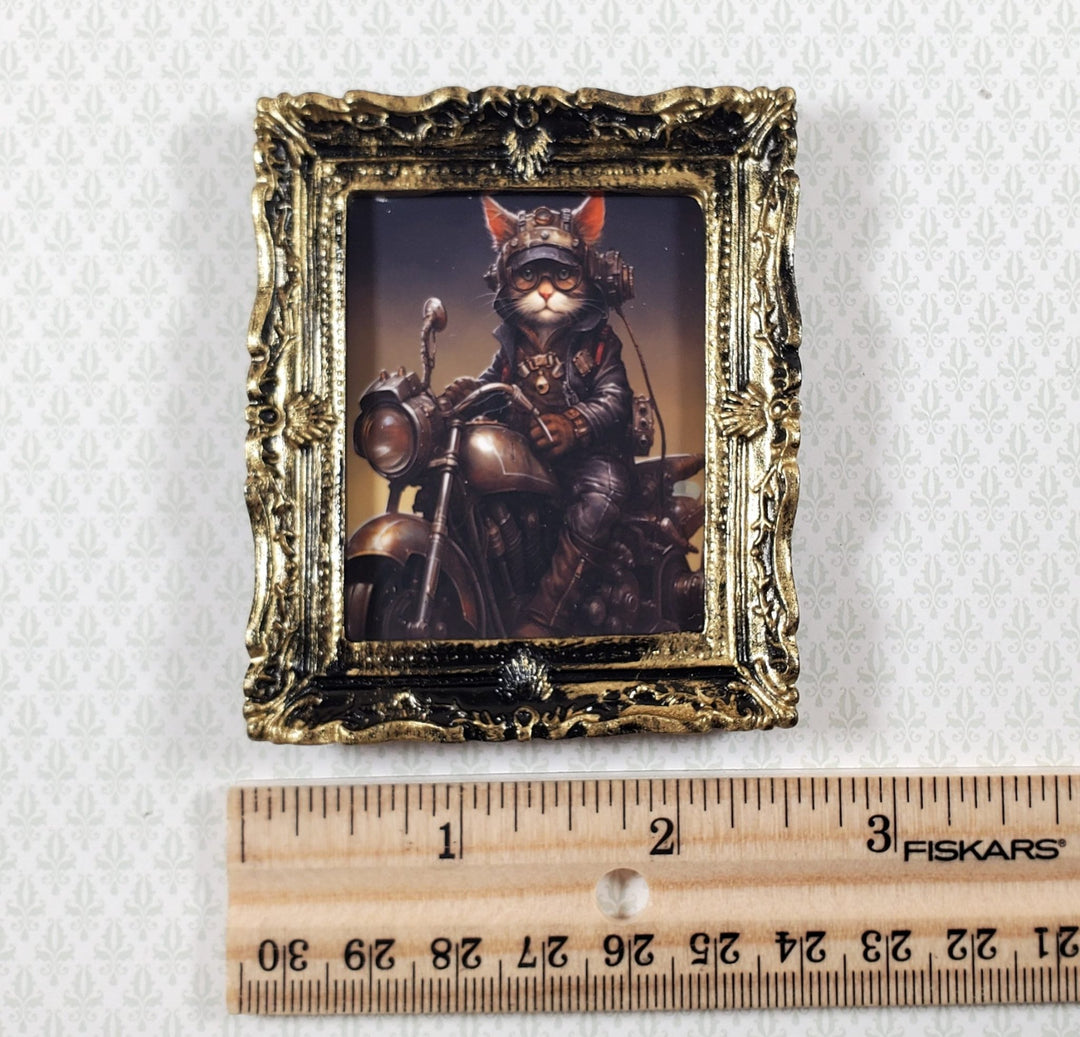 Miniature Steampunk Cat on a Motorcycle Framed Print 1:12 Scale Dollhouse - Miniature Crush