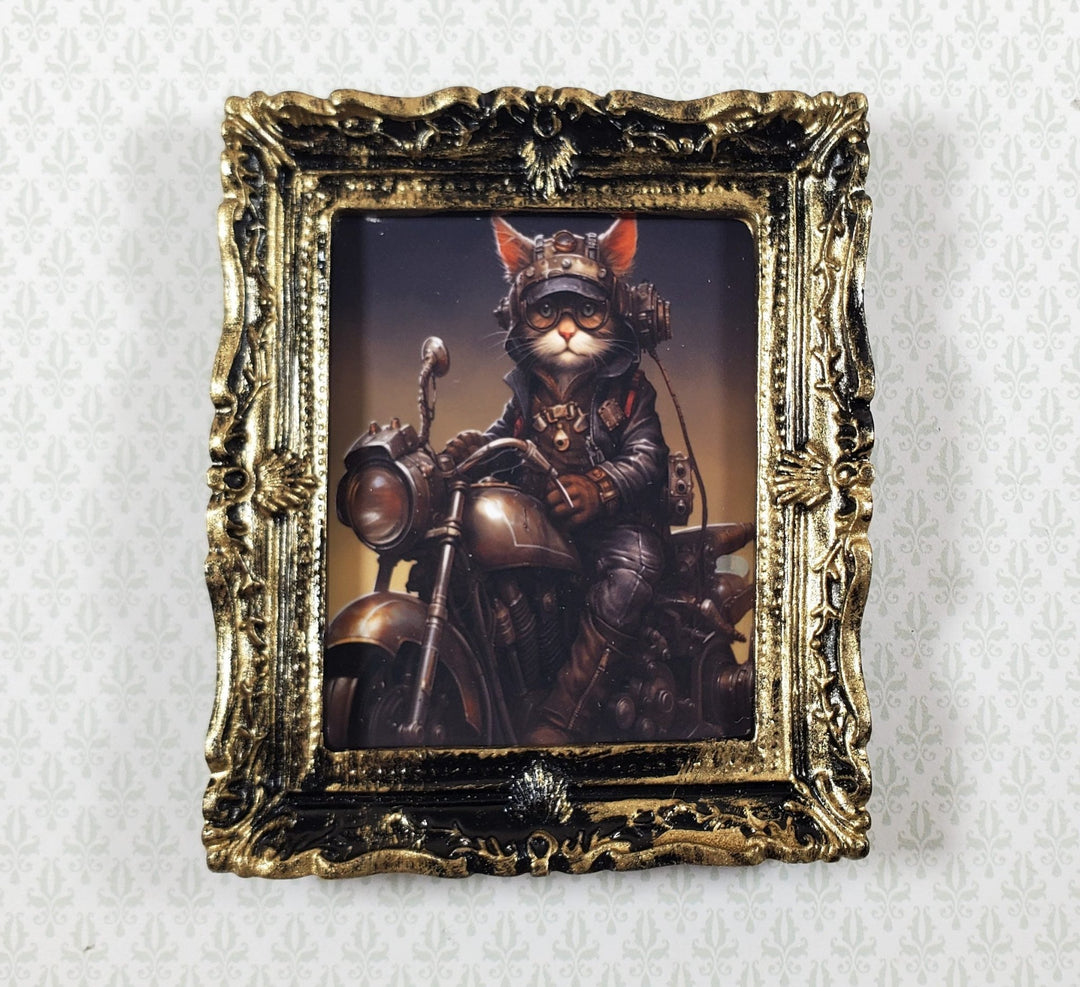 Miniature Steampunk Cat on a Motorcycle Framed Print 1:12 Scale Dollhouse - Miniature Crush