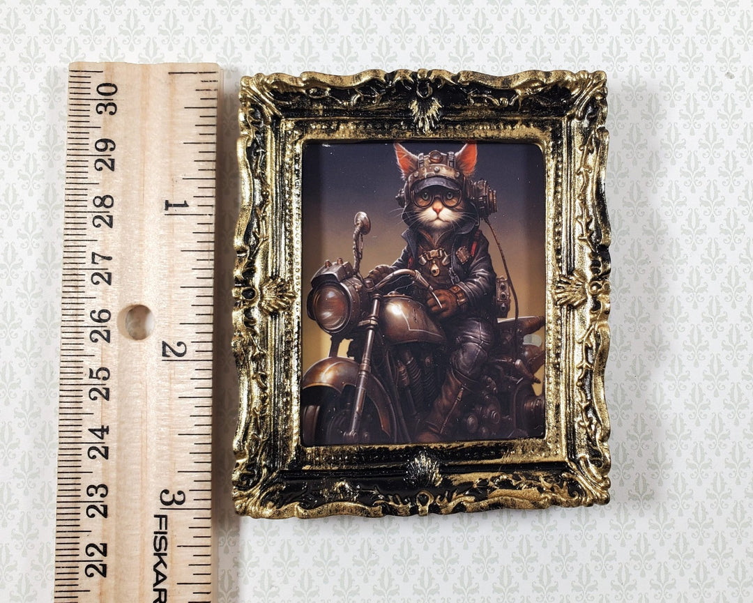 Miniature Steampunk Cat on a Motorcycle Framed Print 1:12 Scale Dollhouse - Miniature Crush