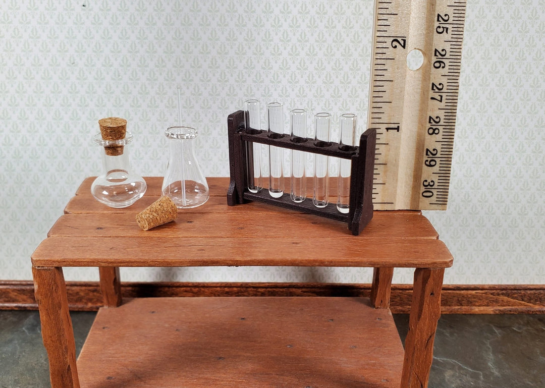 Miniature Test Tubes Beakers Glass in Wood Stand Scientist Lab 1:12 Scale - Miniature Crush