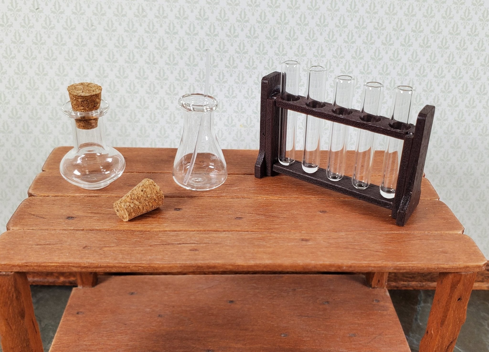 Miniature Test Tubes Beakers Glass in Wood Stand Scientist Lab 1:12 ...