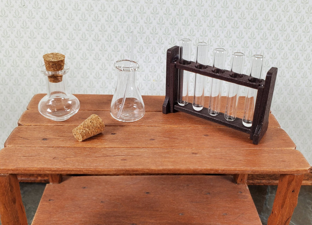 Miniature Test Tubes Beakers Glass in Wood Stand Scientist Lab 1:12 Scale - Miniature Crush