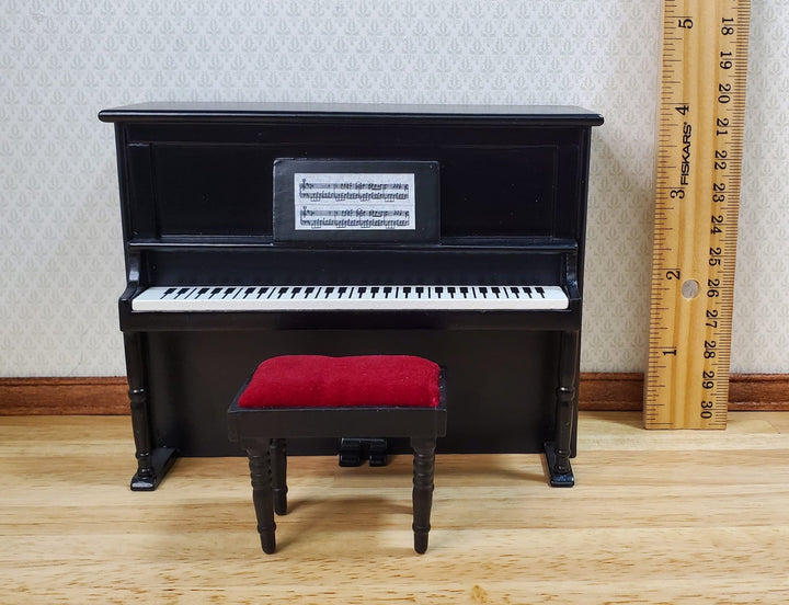 Miniature Upright Piano with Bench Seat Wood 1:12 Scale Dollhouse Black Finish - MiniatureCrush