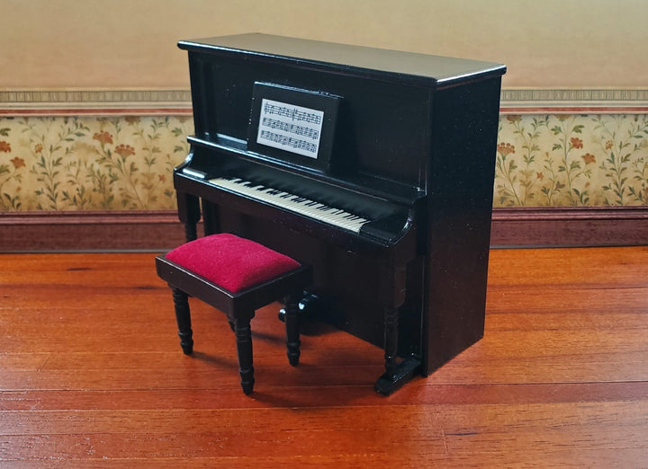 Miniature Upright Piano with Bench Seat Wood 1:12 Scale Dollhouse Black Finish - MiniatureCrush