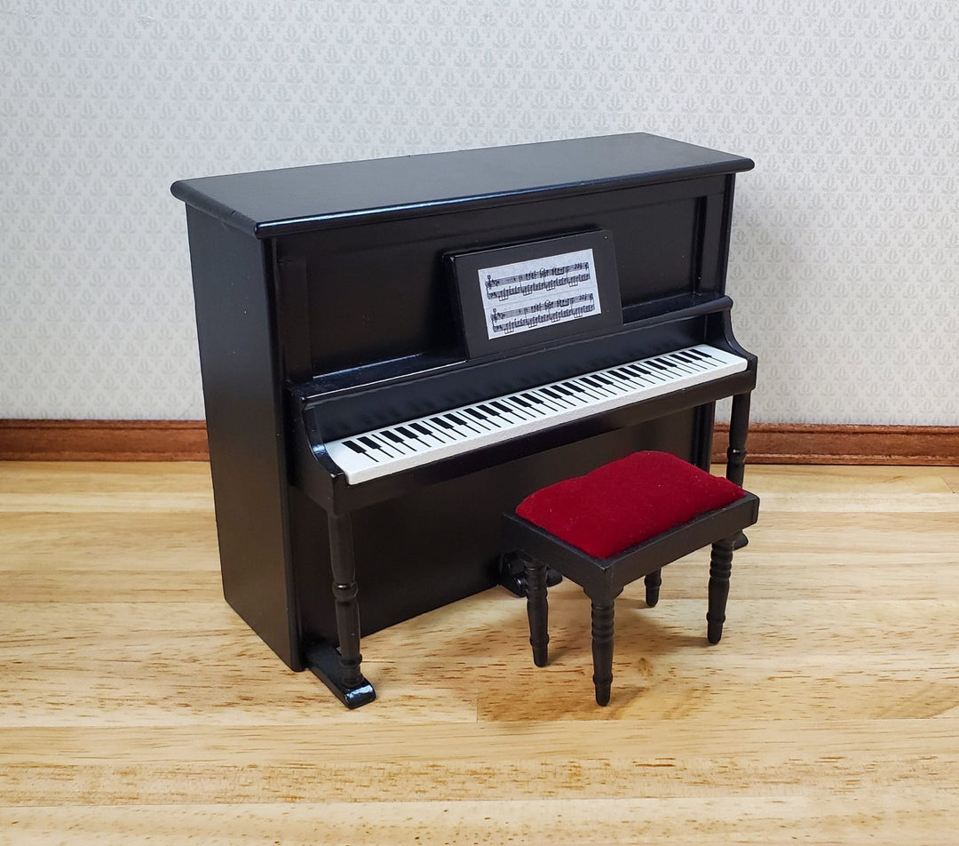 Miniature Upright Piano with Bench Seat Wood 1:12 Scale Dollhouse Black Finish - MiniatureCrush