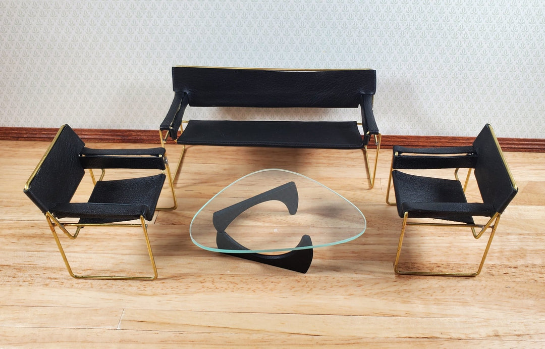Modern Wassily Style Living Room Set Sofa 2 Chairs Coffee Table Black Leather by Warren Richardson - MiniatureCrush