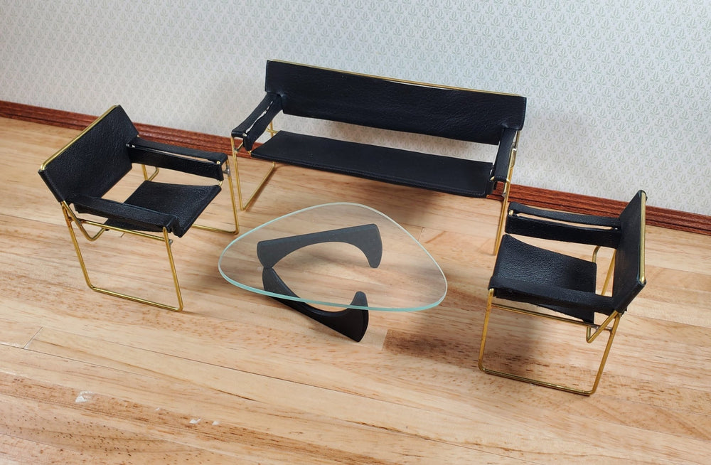 Modern Wassily Style Living Room Set Sofa 2 Chairs Coffee Table Black Leather by Warren Richardson - MiniatureCrush