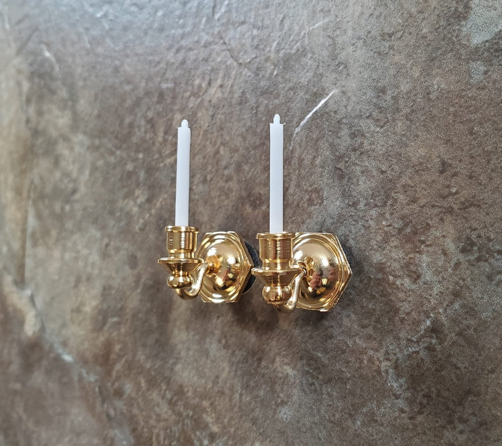 Set of 2 Dollhouse Candle Wall Sconces Gold Metal 1:12 Scale Miniature - MiniatureCrush