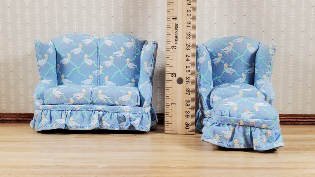 Some Fading on Fabric - Dollhouse Small Sofa Chair Ottoman Nursery Theme 1:12 Scale - MiniatureCrush