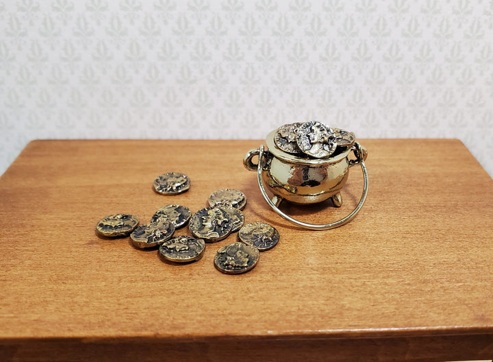 Tiny Pot of Gold with Coins Cauldron with Handle Dollhouse Miniature - MiniatureCrush
