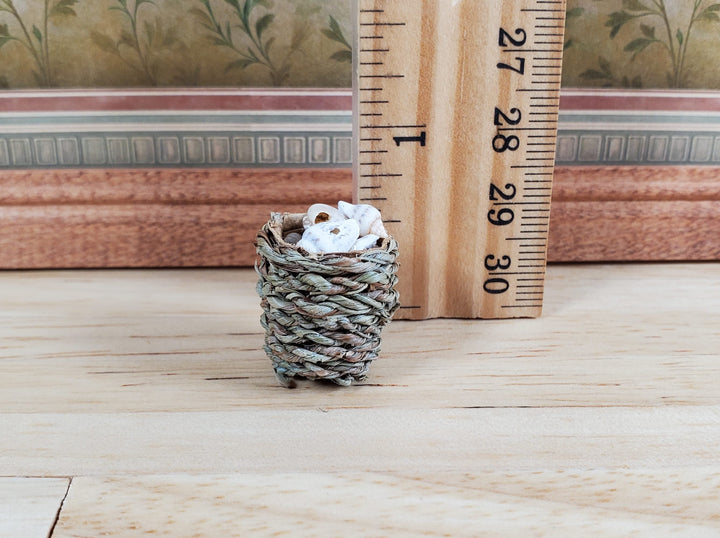 Tiny Seashells in Small Round Natural Fiber Basket 1:12 Scale Miniature - MiniatureCrush