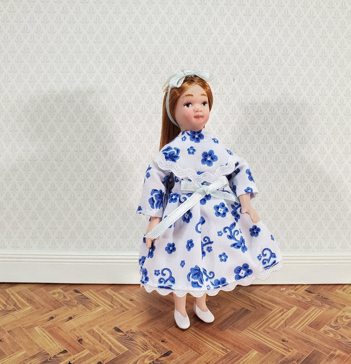 Dollhouse Miniature Girl Doll Long Hair Strawberry Blond Porcelain Poseable 1:12 Scale Blue & White Dress