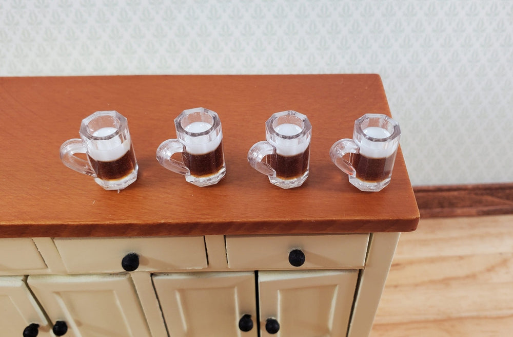 4 Dollhouse Mugs of Root Beer or Dark Beer with Foamy Head 1:12 Scale Miniatures - Miniature Crush