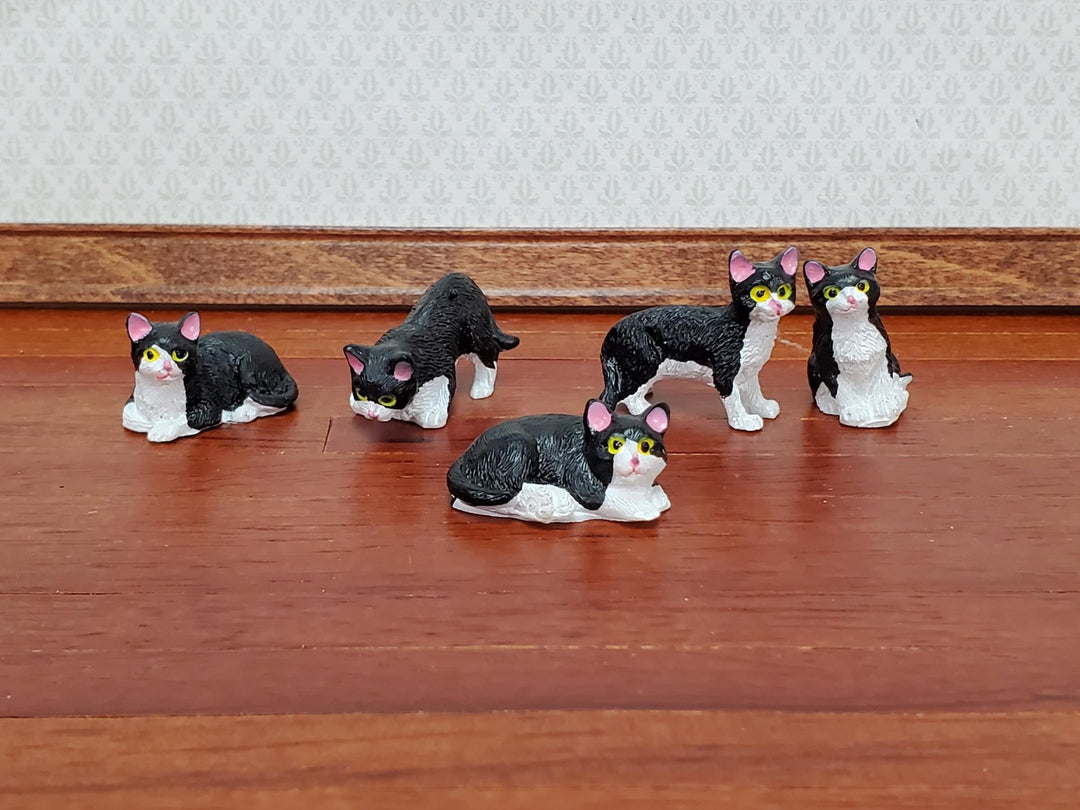5 Dollhouse Cats Black & White Tuxedo Kittens 1:12 Scale Various Poses Animals Pets - Miniature Crush