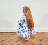 Dollhouse Miniature Girl Doll Long Hair Strawberry Blond Porcelain Poseable 1:12 Scale Blue & White Dress