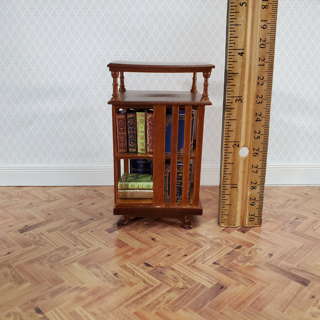 JBM Miniature Revolving Bookcase Library Stand 1:12 Dollhouse Furniture Walnut Finish