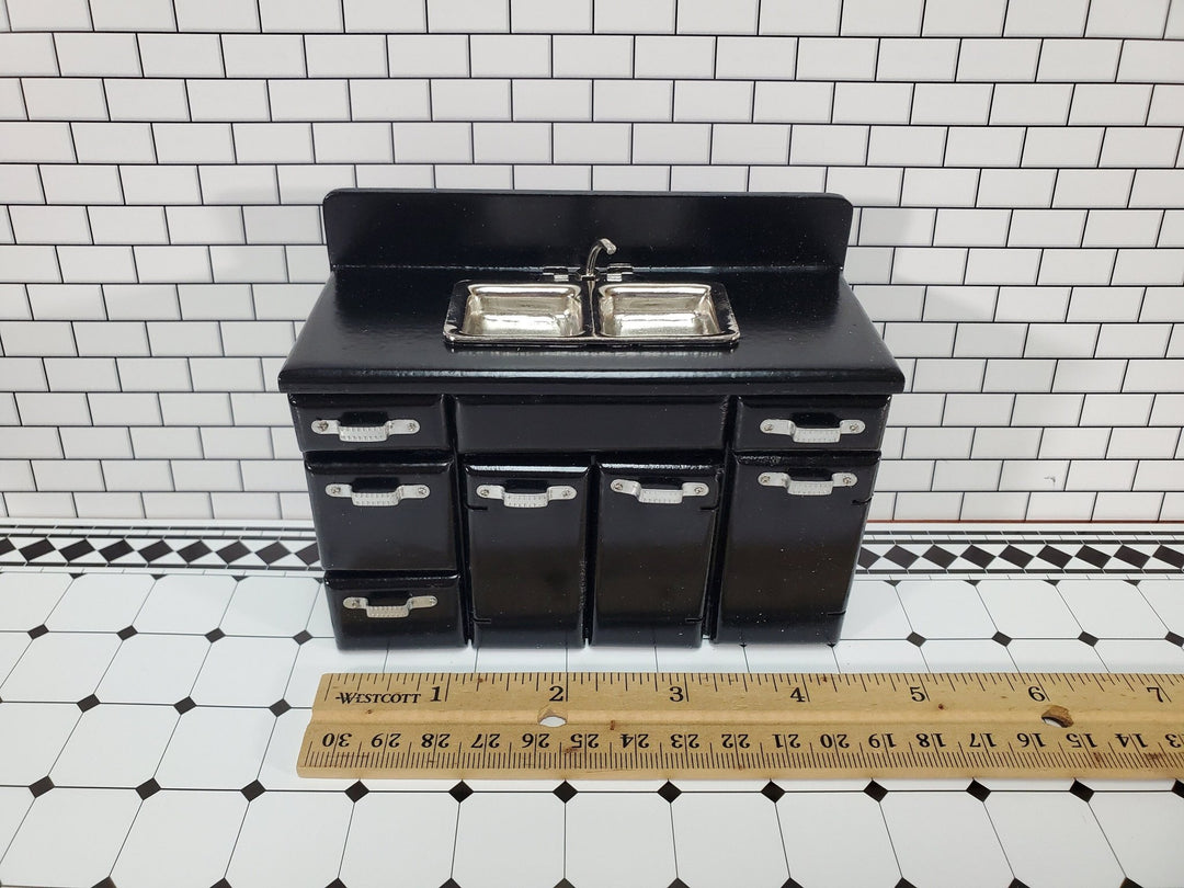Dollhouse 1950s Kitchen Set Fridge Sink Stove Oven Black 1:12 Scale Miniature Furniture - Miniature Crush