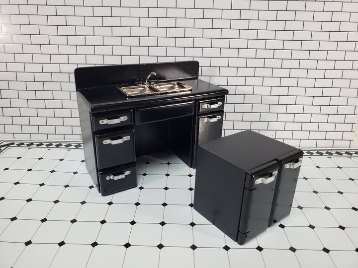 Dollhouse 1950s Kitchen Set Fridge Sink Stove Oven Black 1:12 Scale Miniature Furniture - Miniature Crush