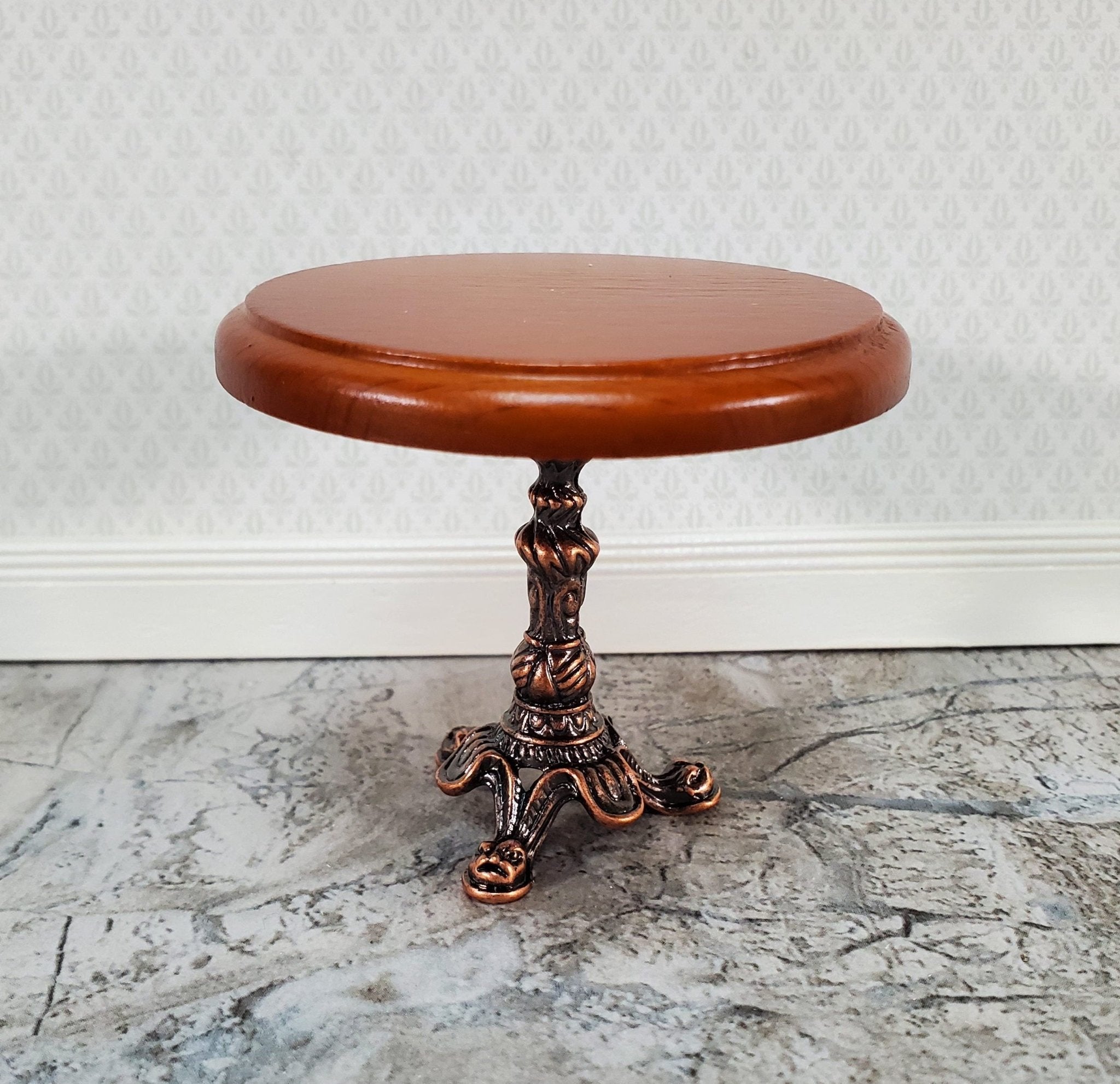 Dollhouse Accent Table with Metal Base Walnut Top Small Round 1:12 ...