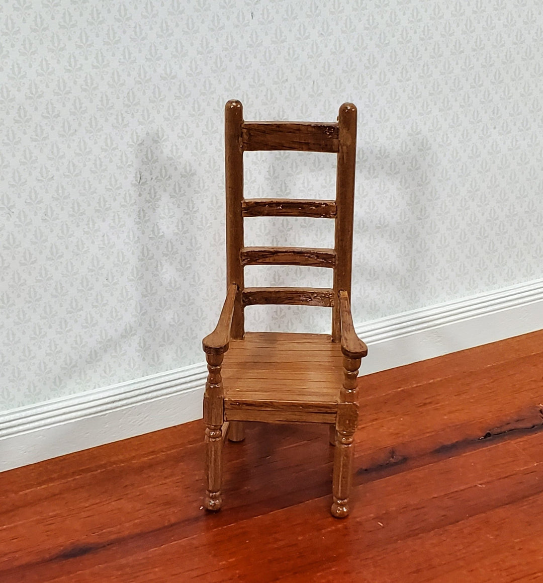 Dollhouse Arm Chair Ladderback Style Narrow Slim Profile 1:12 Scale Walnut Finish - Miniature Crush