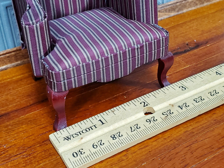 Dollhouse Arm Chair Wing Back Maroon Striped Fabric 1:12 Scale Miniature Furniture - Miniature Crush