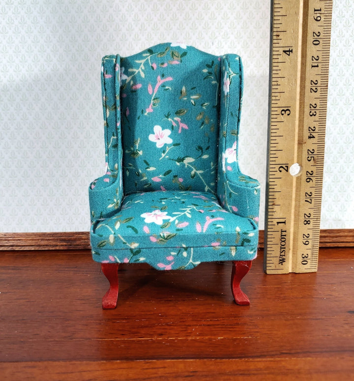 Dollhouse Arm Chair Wing Back Turquoise Floral Fabric 1:12 Scale Miniature Furniture - Miniature Crush