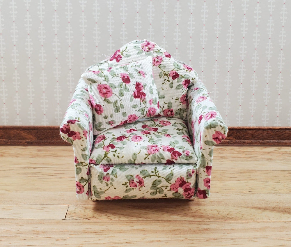 Dollhouse Armchair Pink Green Floral 1:12 Scale Chair Furniture - Miniature Crush
