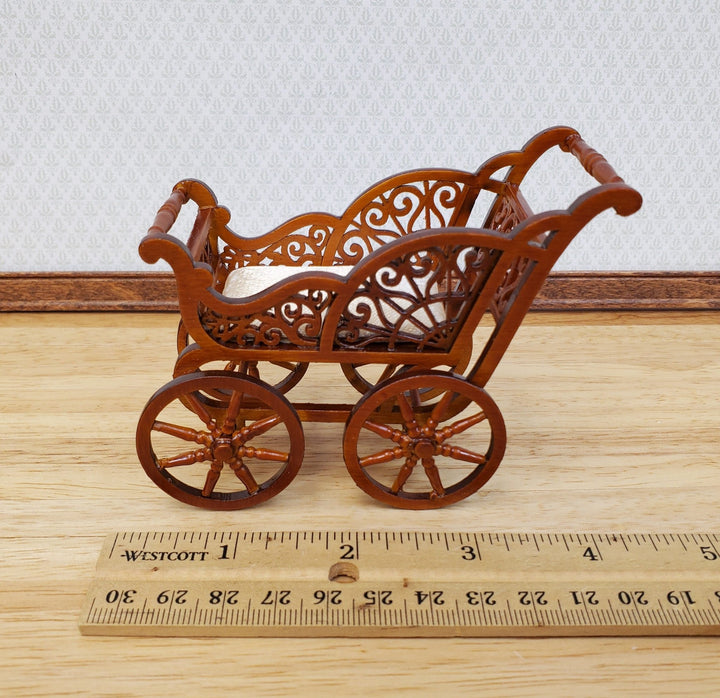 Dollhouse Baby Carriage Stroller Victorian Style 1:12 Scale Furniture Walnut Finish - Miniature Crush