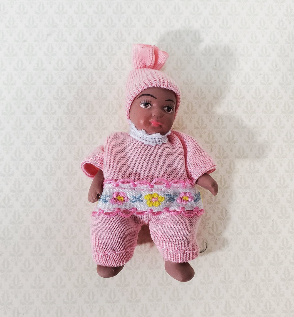 Dollhouse Baby Doll Black Brown Porcelain Moveable 1:12 Scale Miniature Pink Outfit - Miniature Crush