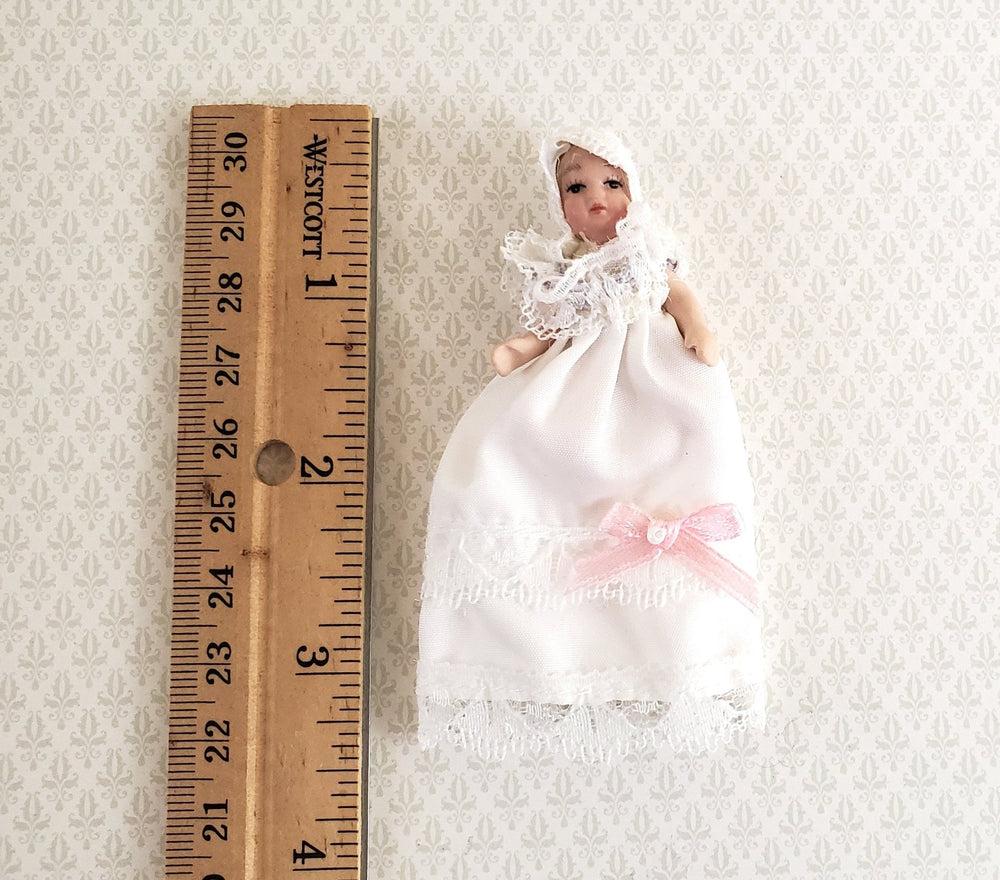 Dollhouse Baby Doll in Long White Gown Porcelain 1:12 Scale Miniature - Miniature Crush