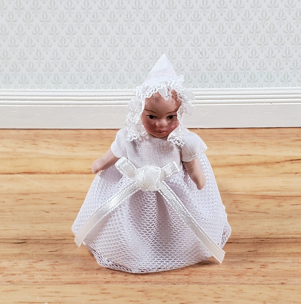 Dollhouse Baby Doll in Long White Gown with Lace Porcelain 1:12 Scale Miniature - Miniature Crush