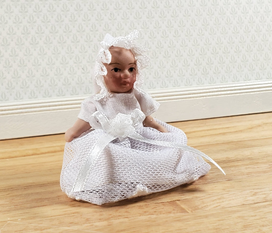 Dollhouse Baby Doll in Long White Gown with Lace Porcelain 1:12 Scale Miniature - Miniature Crush